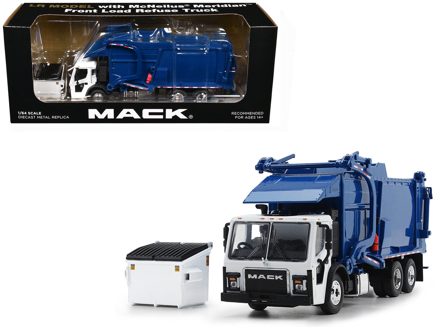 Mack LR Refuse Garbage Truck with McNeilus Meridian Front Loader White and Blue with Trash Bin 1/64 Diecast Model