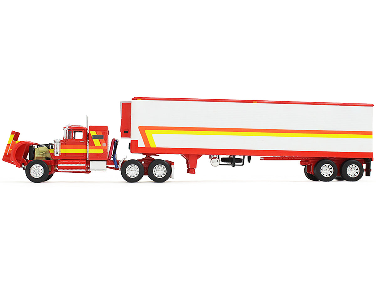 White Western Star 4900 with 36" Vintage Flat Top Sleeper and Wilson 40' Vintage Refridgerated Trailer Red and White with Stripes 1/64 Diecast Model