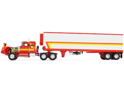 White Western Star 4900 with 36" Vintage Flat Top Sleeper and Wilson 40' Vintage Refridgerated Trailer Red and White with Stripes 1/64 Diecast Model