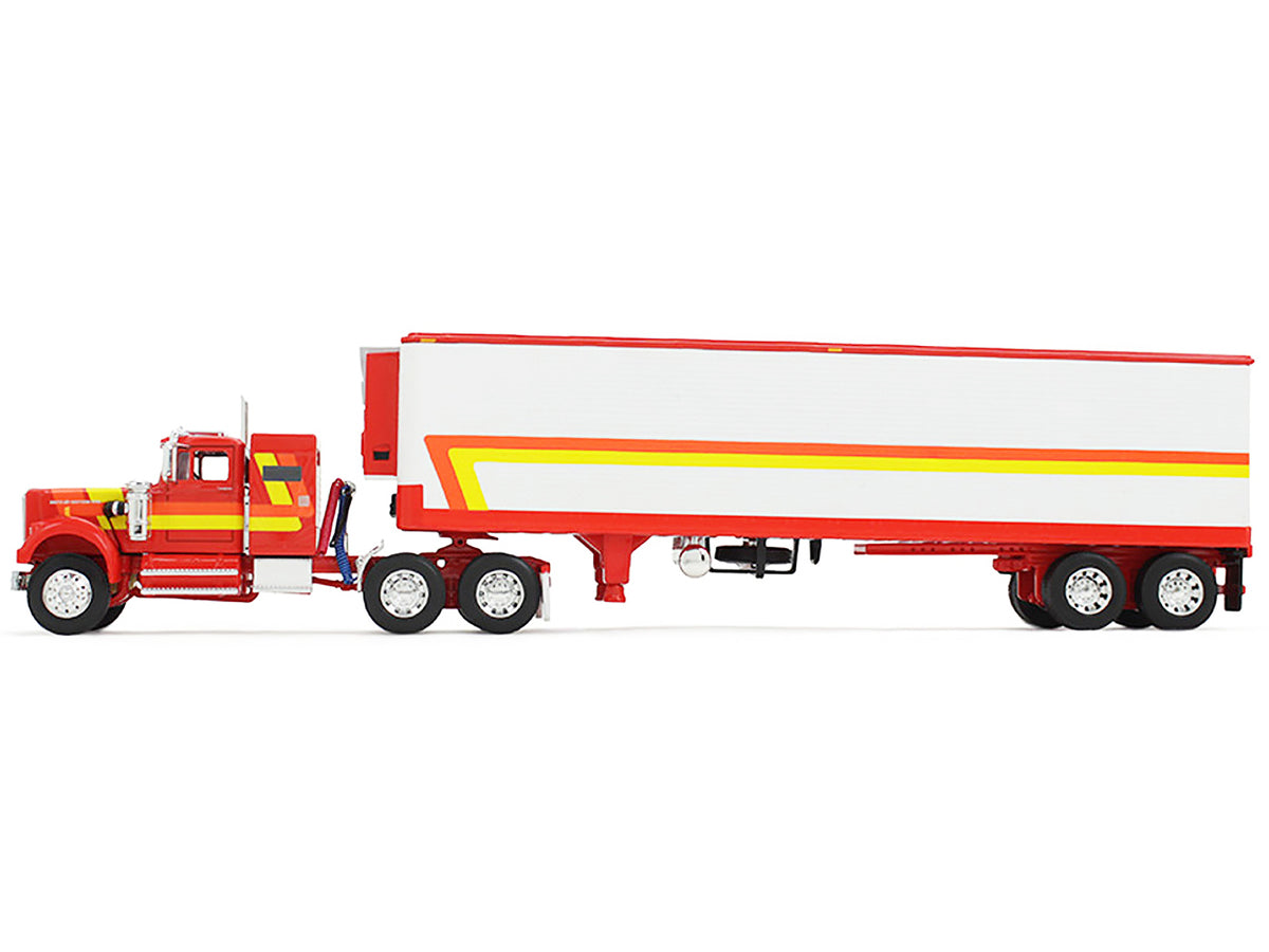 White Western Star 4900 with 36" Vintage Flat Top Sleeper and Wilson 40' Vintage Refridgerated Trailer Red and White with Stripes 1/64 Diecast Model