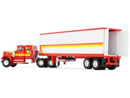 White Western Star 4900 with 36" Vintage Flat Top Sleeper and Wilson 40' Vintage Refridgerated Trailer Red and White with Stripes 1/64 Diecast Model
