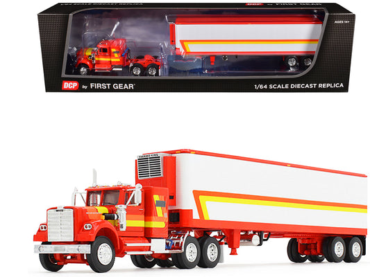 White Western Star 4900 with 36" Vintage Flat Top Sleeper and Wilson 40' Vintage Refridgerated Trailer Red and White with Stripes 1/64 Diecast Model