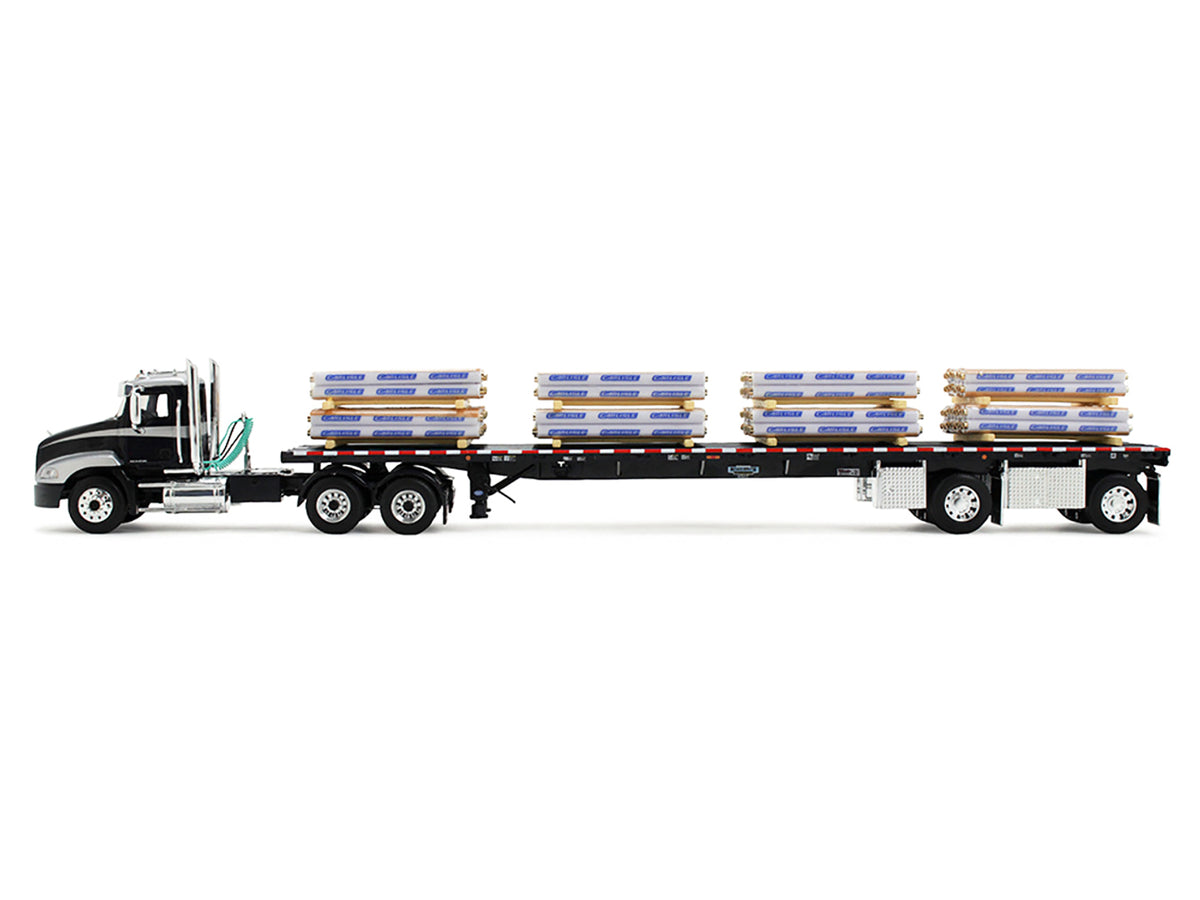 Mack Pinnacle Day Cab with Minimizer Parts & 53' Wilson Roadbrute Flatbed Trailer with "Carlisle Roofing" Loaded Pallets Black with Silver Top and Stripes 1/64 Diecast Model