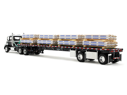 Mack Pinnacle Day Cab with Minimizer Parts & 53' Wilson Roadbrute Flatbed Trailer with "Carlisle Roofing" Loaded Pallets Black with Silver Top and Stripes 1/64 Diecast Model