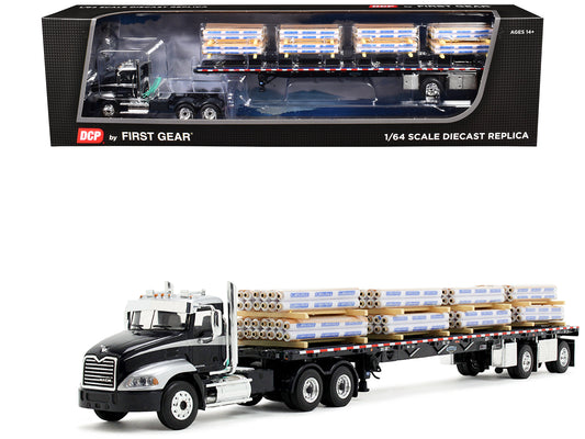 Mack Pinnacle Day Cab with Minimizer Parts & 53' Wilson Roadbrute Flatbed Trailer with "Carlisle Roofing" Loaded Pallets Black with Silver Top and Stripes 1/64 Diecast Model