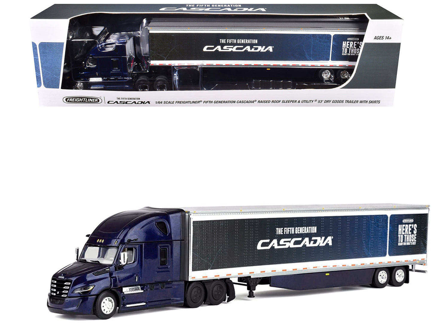 Freightliner Fifth Generation Cascadia Raised Roof Sleeper & 53' Utility Trailer with Skirts Midnight Blue 1/64 Diecast Model