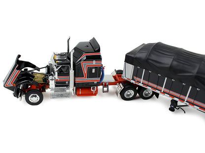 Kenworth W900A with 60" Aerodyne Sleeper and 53’ Wilson Roadbrute Flatbed Trailer with Covered Wagon Black with Red Stripes 1/64 Diecast Model