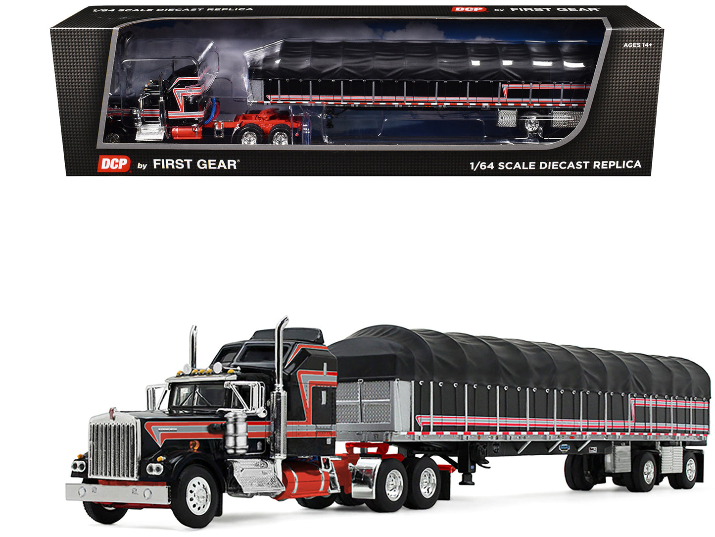 Kenworth W900A with 60" Aerodyne Sleeper and 53’ Wilson Roadbrute Flatbed Trailer with Covered Wagon Black with Red Stripes 1/64 Diecast Model