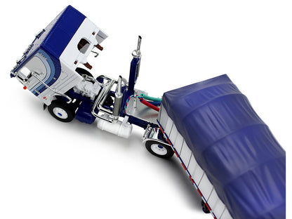 Peterbilt 352 COE 110" Sleeper and 53’ Wilson Roadbrute Flatbed Trailer with Covered Wagon White with Blue Stripes 1/64 Diecast Model