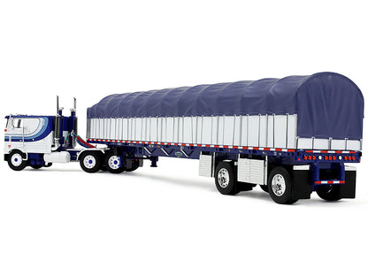 Peterbilt 352 COE 110" Sleeper and 53’ Wilson Roadbrute Flatbed Trailer with Covered Wagon White with Blue Stripes 1/64 Diecast Model