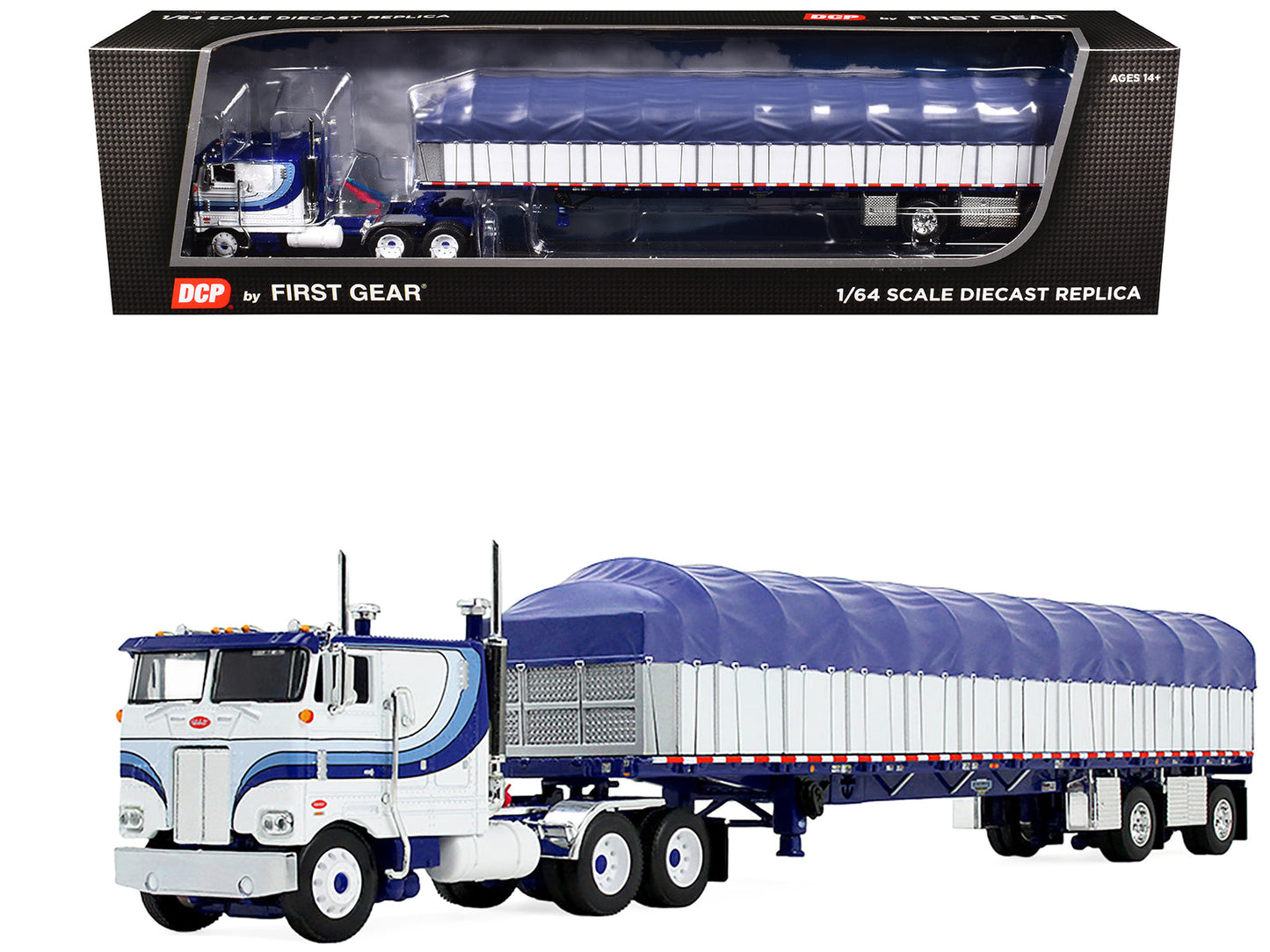 Peterbilt 352 COE 110" Sleeper and 53’ Wilson Roadbrute Flatbed Trailer with Covered Wagon White with Blue Stripes 1/64 Diecast Model