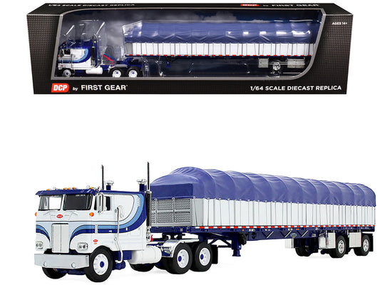 Peterbilt 352 COE 110" Sleeper and 53’ Wilson Roadbrute Flatbed Trailer with Covered Wagon White with Blue Stripes 1/64 Diecast Model
