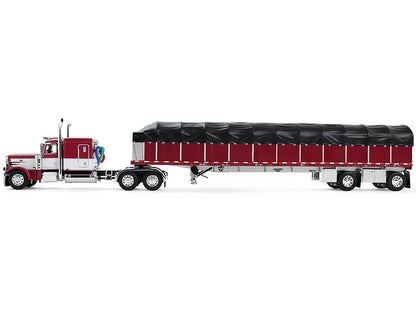 Peterbilt 389 with 63" Flat Top Sleeper and 53’ Wilson Roadbrute Flatbed Trailer with Covered Wagon Maroon with White Stripes 1/64 Diecast Model
