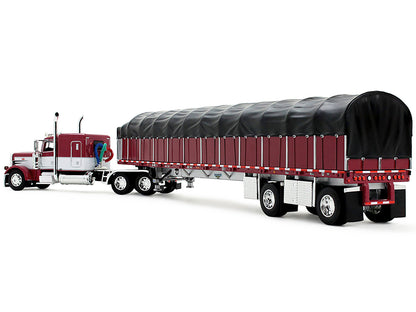 Peterbilt 389 with 63" Flat Top Sleeper and 53’ Wilson Roadbrute Flatbed Trailer with Covered Wagon Maroon with White Stripes 1/64 Diecast Model