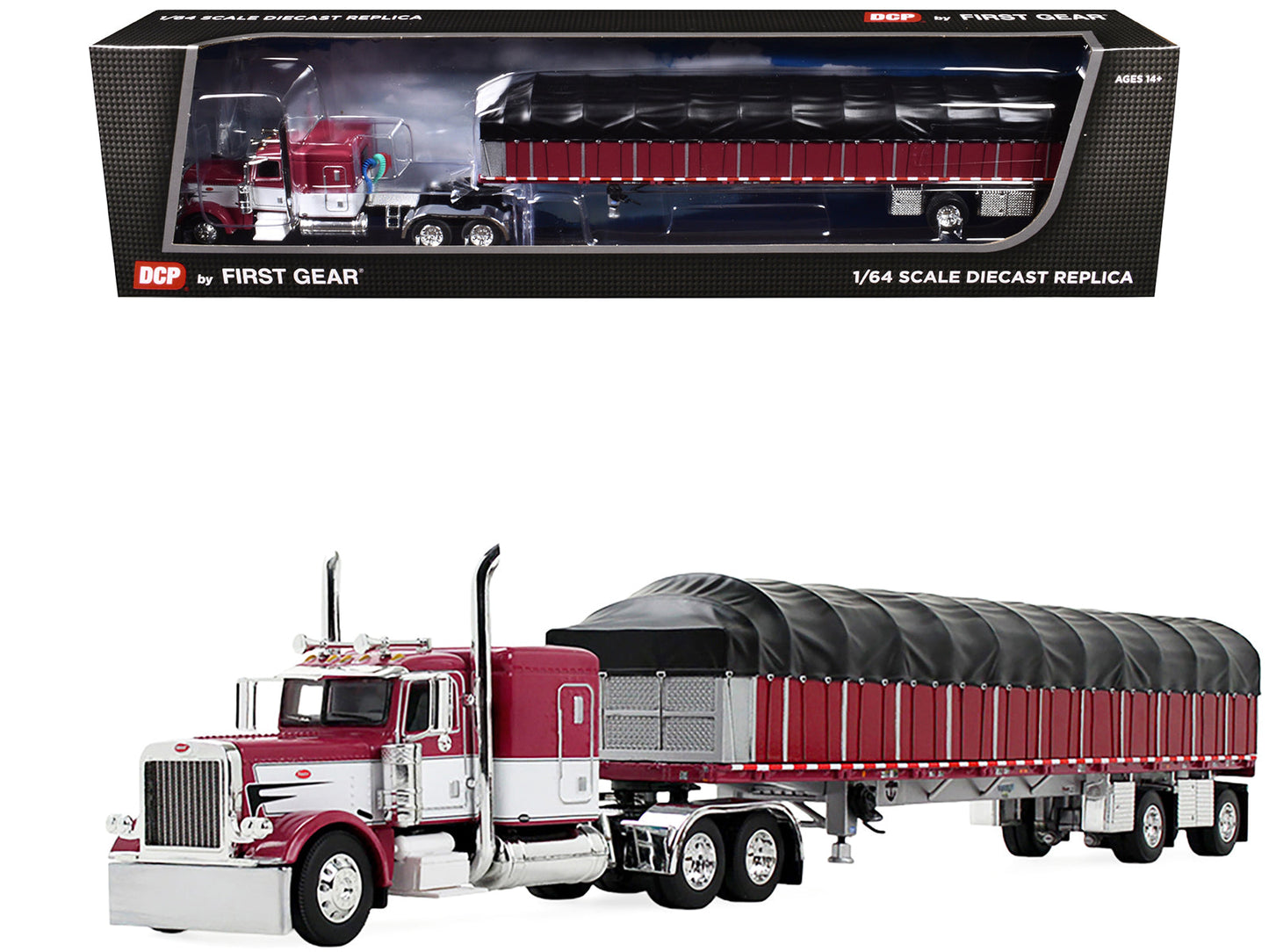 Peterbilt 389 with 63" Flat Top Sleeper and 53’ Wilson Roadbrute Flatbed Trailer with Covered Wagon Maroon with White Stripes 1/64 Diecast Model