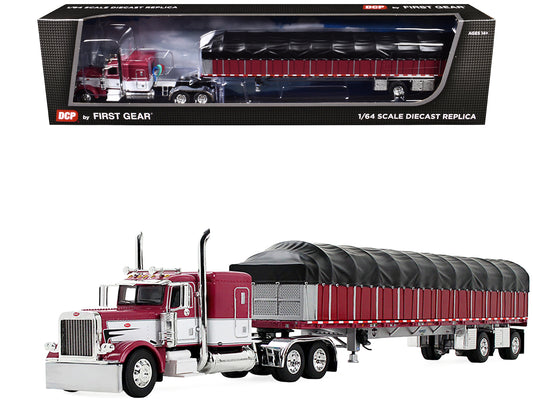 Peterbilt 389 with 63" Flat Top Sleeper and 53’ Wilson Roadbrute Flatbed Trailer with Covered Wagon Maroon with White Stripes 1/64 Diecast Model