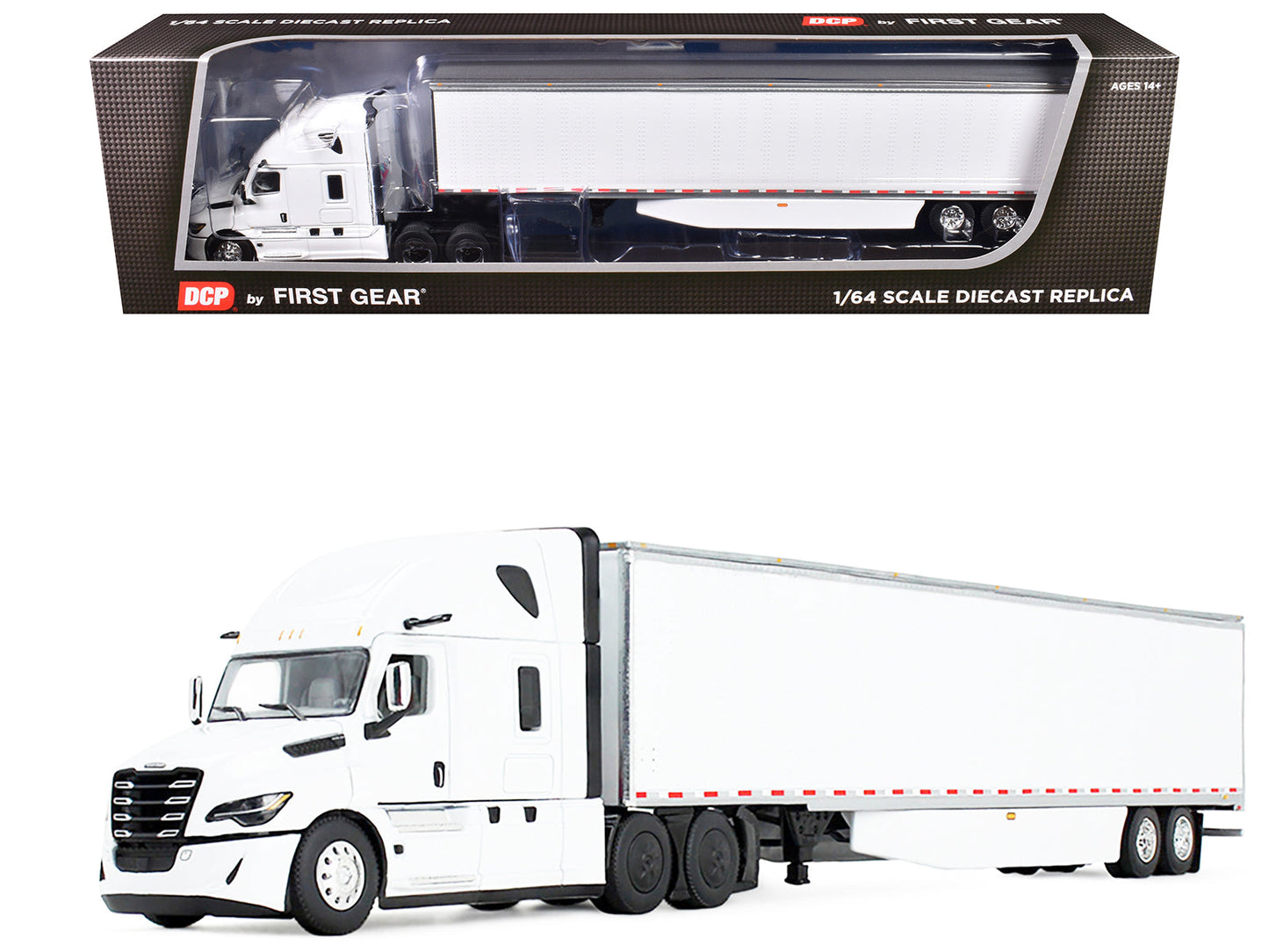 Freightliner Fifth Generation Cascadia Raised Roof Sleeper & 53' Utility Trailer with Skirts White 1/64 Diecast Model