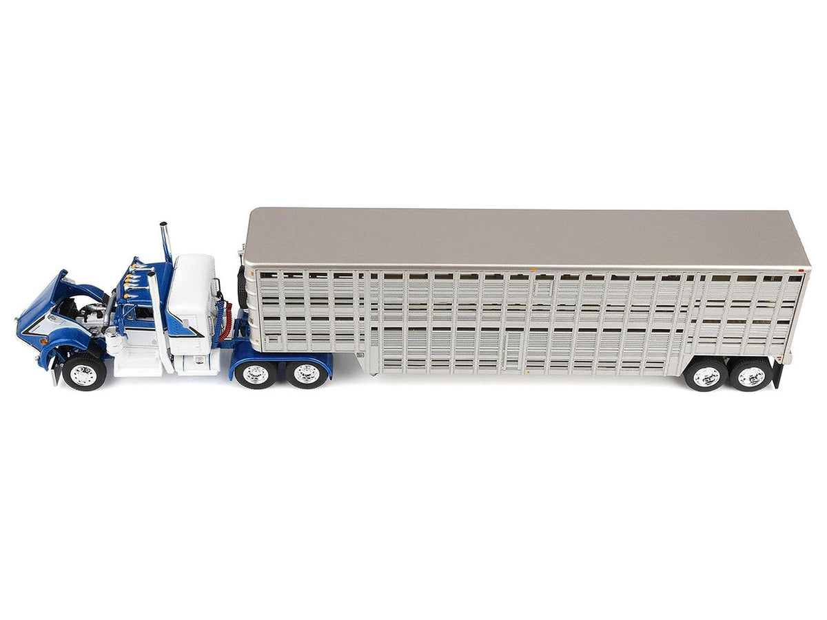 Kenworth W900A with 36" Sleeper and 45' Wilson Vintage Livestock Trailer Mariner Blue and White with Silver Trailer 1/64 Diecast Model