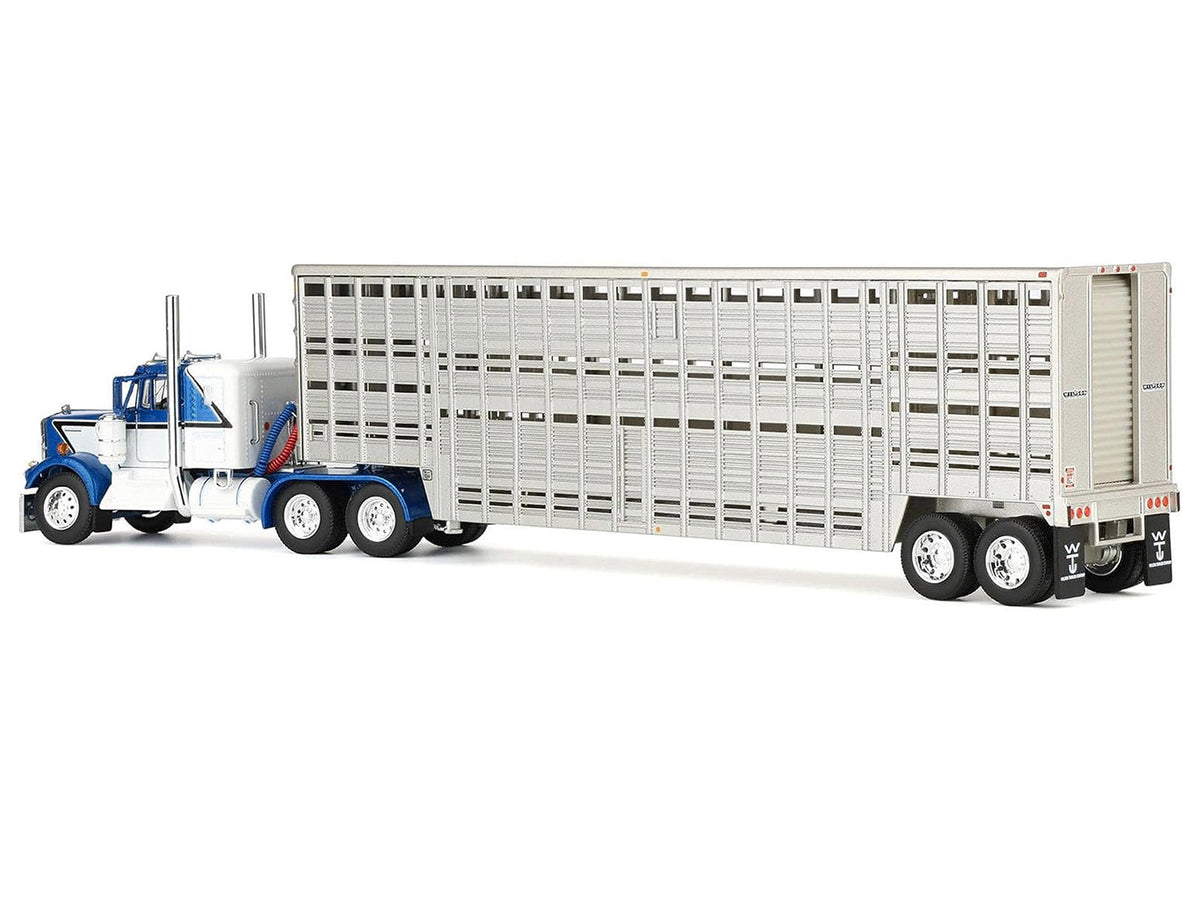 Kenworth W900A with 36" Sleeper and 45' Wilson Vintage Livestock Trailer Mariner Blue and White with Silver Trailer 1/64 Diecast Model