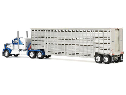Kenworth W900A with 36" Sleeper and 45' Wilson Vintage Livestock Trailer Mariner Blue and White with Silver Trailer 1/64 Diecast Model