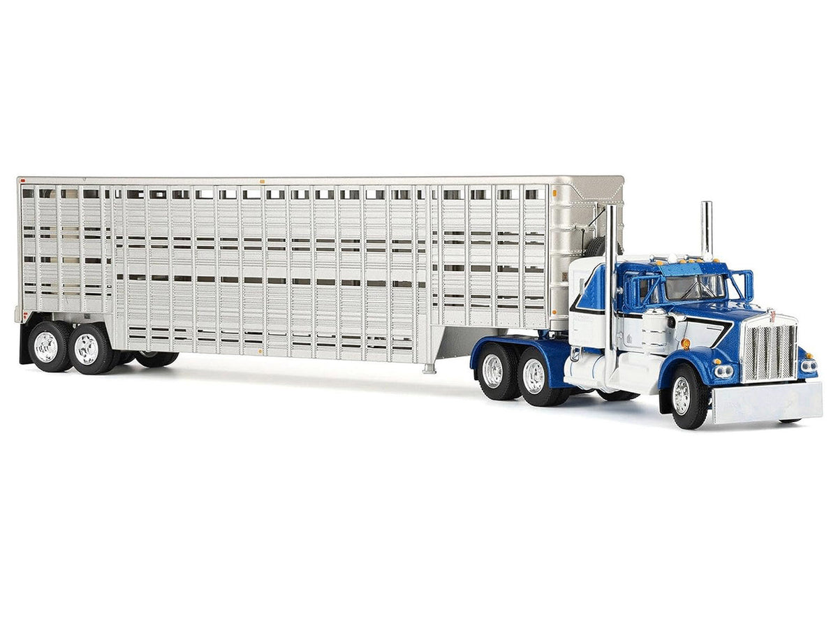 Kenworth W900A with 36" Sleeper and 45' Wilson Vintage Livestock Trailer Mariner Blue and White with Silver Trailer 1/64 Diecast Model
