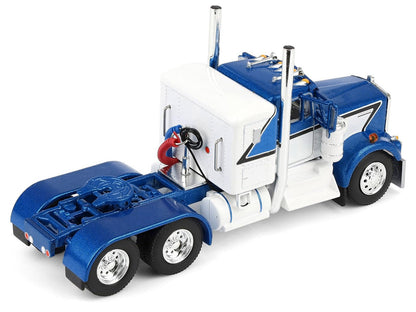 Kenworth W900A with 36" Sleeper and 45' Wilson Vintage Livestock Trailer Mariner Blue and White with Silver Trailer 1/64 Diecast Model