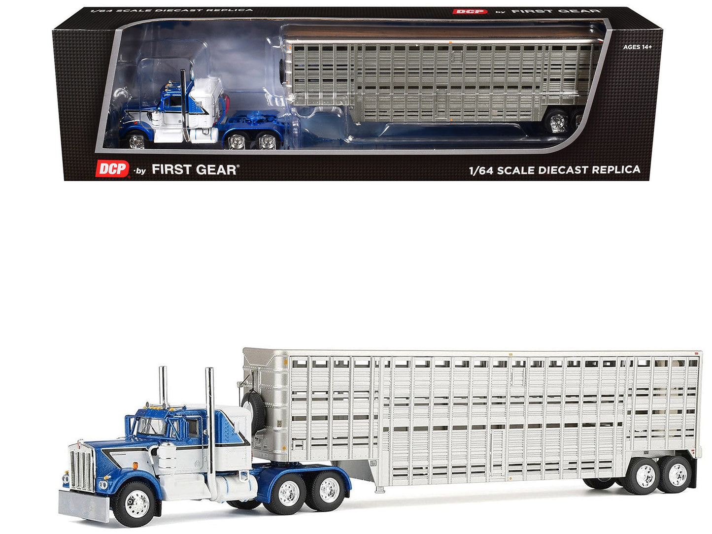 Kenworth W900A with 36" Sleeper and 45' Wilson Vintage Livestock Trailer Mariner Blue and White with Silver Trailer 1/64 Diecast Model