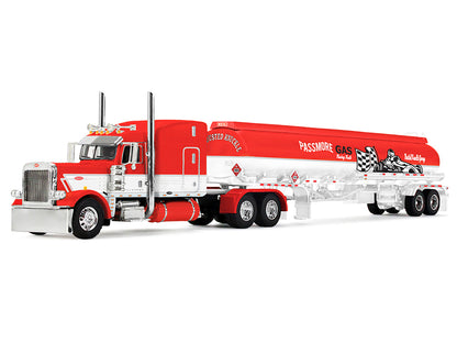 Peterbilt 389 with 63" Mid-Roof Sleeper and Heil Fuel Tank Trailer "Busted Knuckle Garage" Red and White 1/64 Diecast Model
