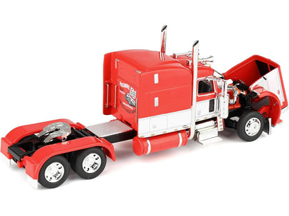 Peterbilt 389 with 63" Mid-Roof Sleeper and Heil Fuel Tank Trailer "Busted Knuckle Garage" Red and White 1/64 Diecast Model