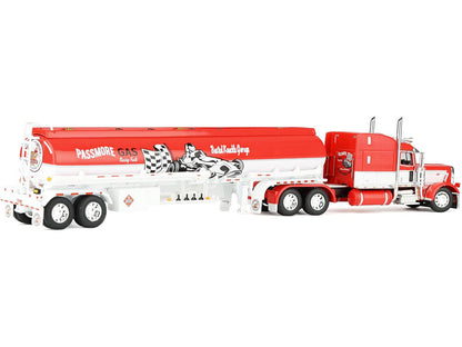 Peterbilt 389 with 63" Mid-Roof Sleeper and Heil Fuel Tank Trailer "Busted Knuckle Garage" Red and White 1/64 Diecast Model