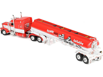 Peterbilt 389 with 63" Mid-Roof Sleeper and Heil Fuel Tank Trailer "Busted Knuckle Garage" Red and White 1/64 Diecast Model