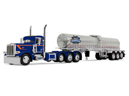 Peterbilt 389 Tri-Axle Day Cab and Walker Food Grade Tank Trailer "Finnesgard Trucking" Blue with Orange Stripes 1/64 Diecast Model