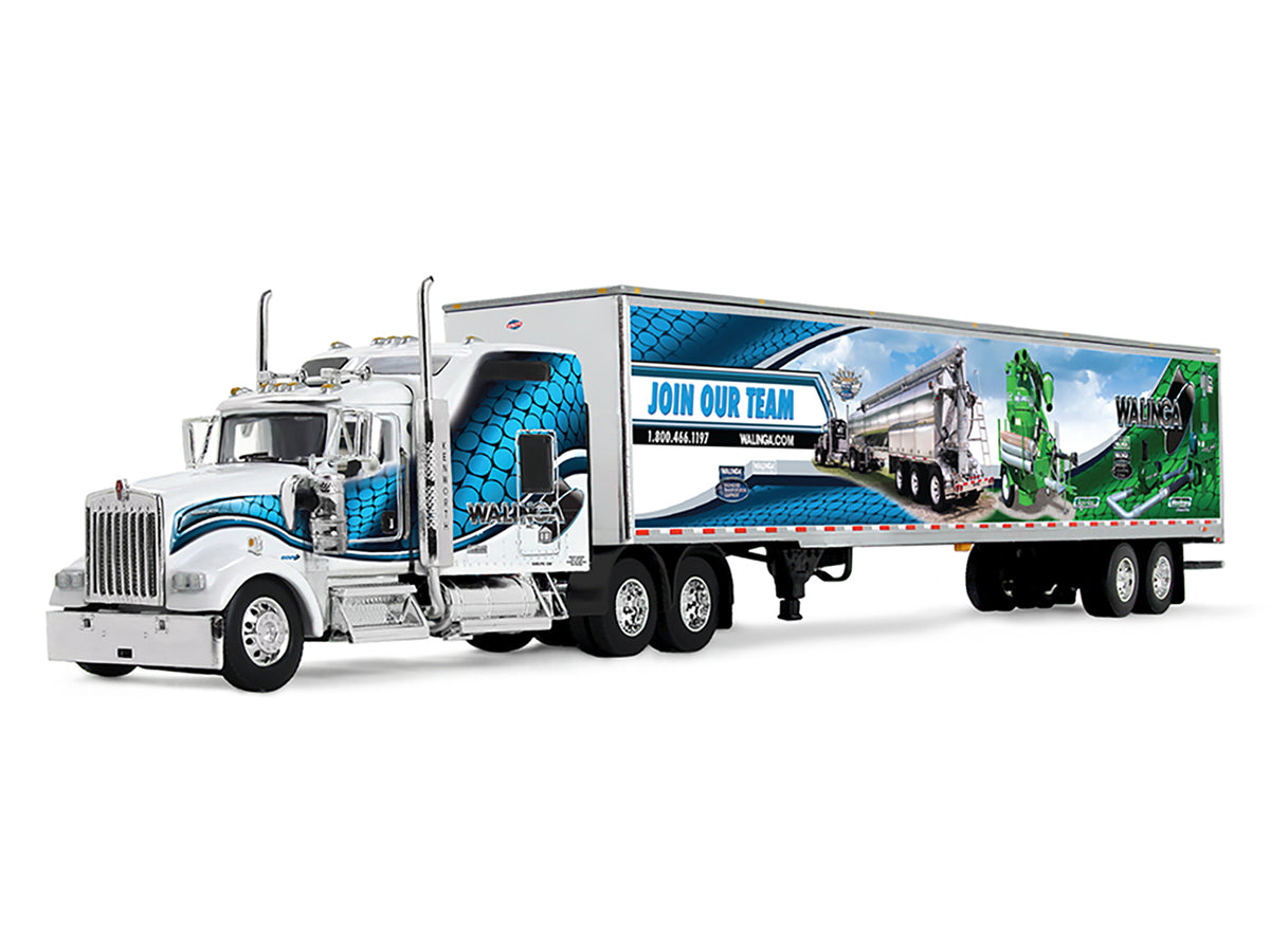Kenworth W900L with 86" Studio Sleeper and 53' Utility Trailer with Skirts "Walinga" White with Blue Graphics 1/64 Diecast Model
