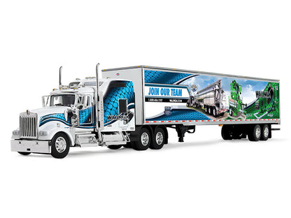 Kenworth W900L with 86" Studio Sleeper and 53' Utility Trailer with Skirts "Walinga" White with Blue Graphics 1/64 Diecast Model