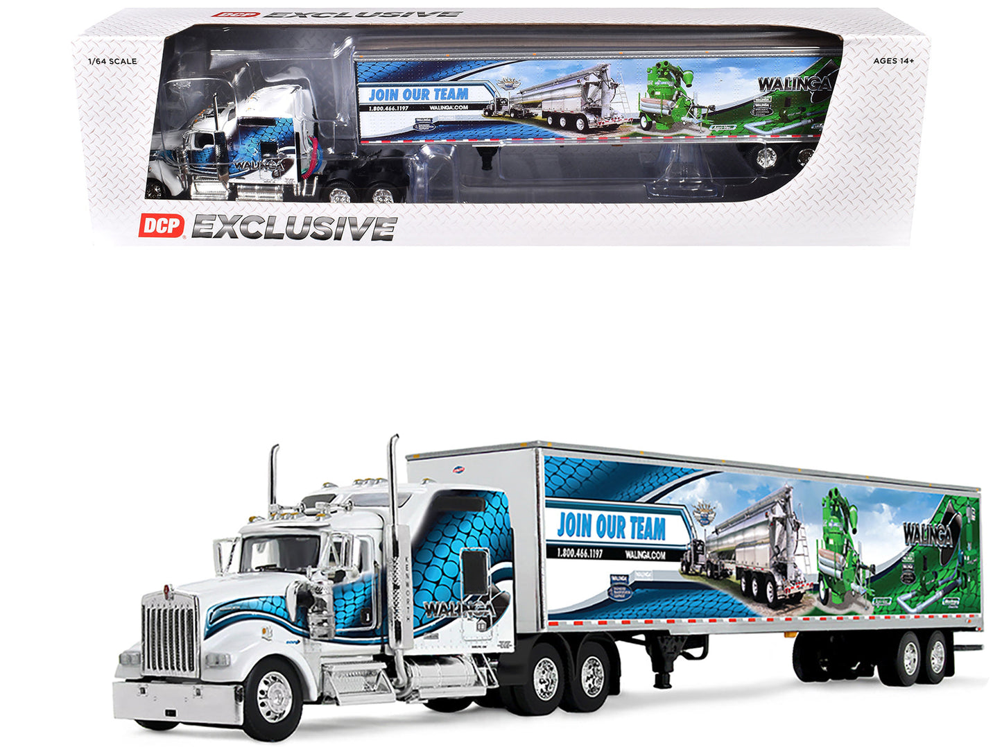 Kenworth W900L with 86" Studio Sleeper and 53' Utility Trailer with Skirts "Walinga" White with Blue Graphics 1/64 Diecast Model