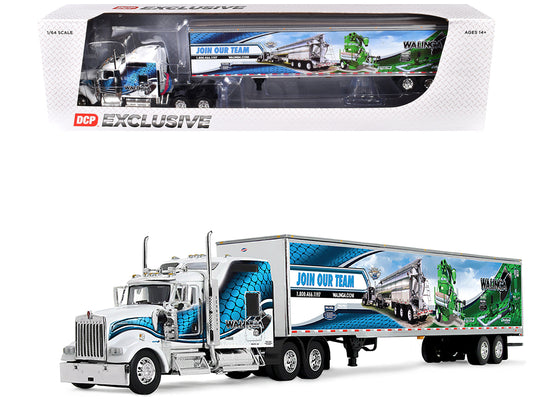 Kenworth W900L with 86" Studio Sleeper and 53' Utility Trailer with Skirts "Walinga" White with Blue Graphics 1/64 Diecast Model