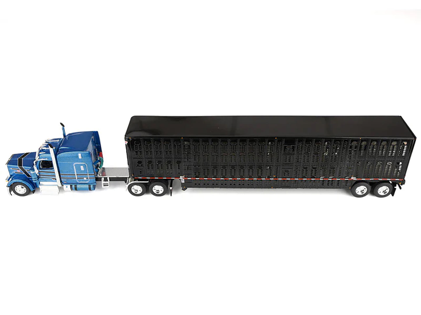 Peterbilt 589 with 72" Mid-Roof Sleeper and Wilson Silverstar Livestock Trailer Bright Blue with Black Stripes and Trailer 1/64 Diecast Model