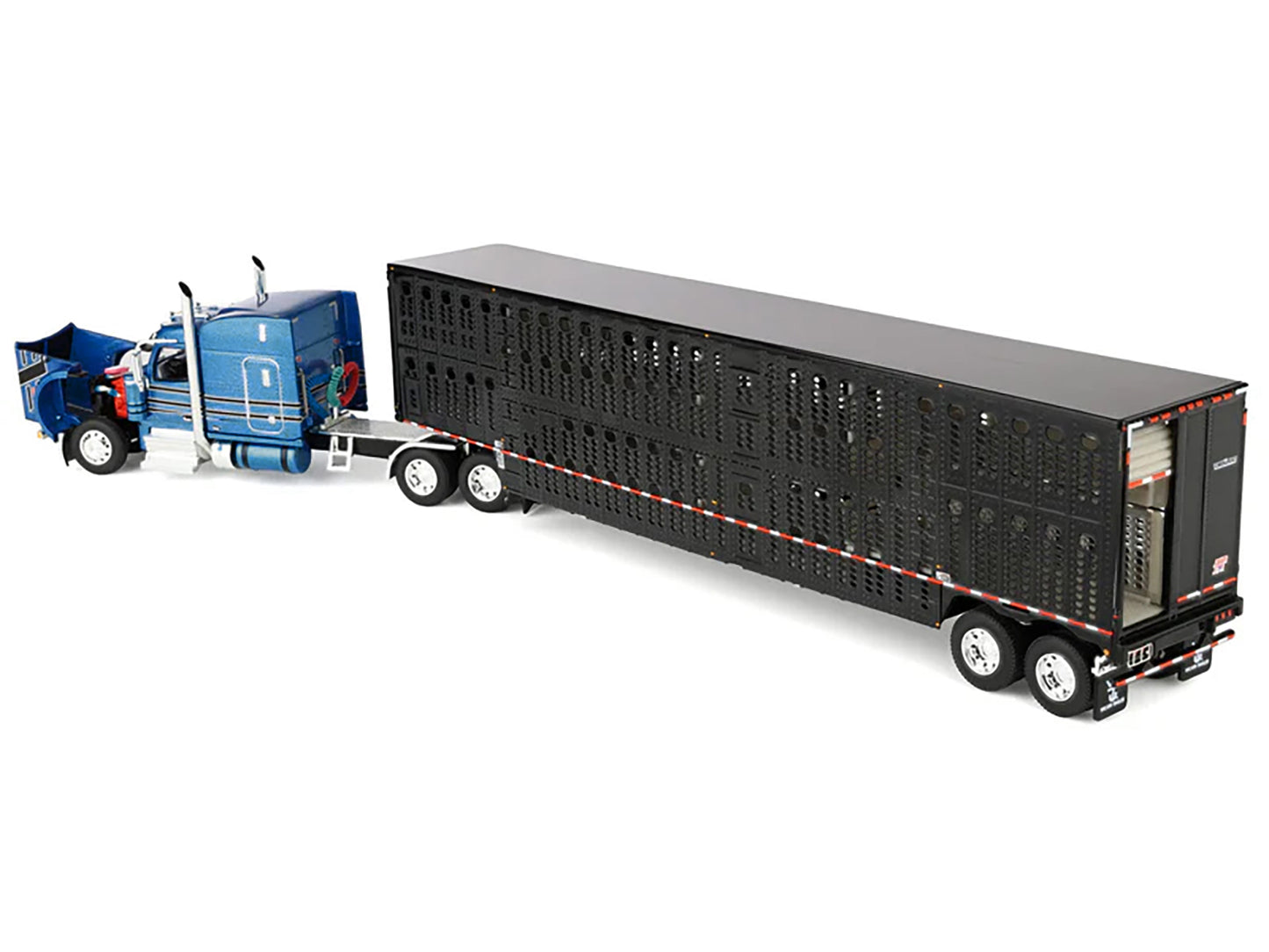 Peterbilt 589 with 72" Mid-Roof Sleeper and Wilson Silverstar Livestock Trailer Bright Blue with Black Stripes and Trailer 1/64 Diecast Model