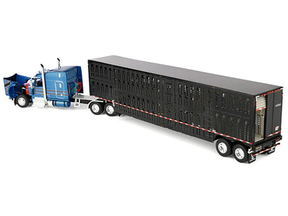 Peterbilt 589 with 72" Mid-Roof Sleeper and Wilson Silverstar Livestock Trailer Bright Blue with Black Stripes and Trailer 1/64 Diecast Model