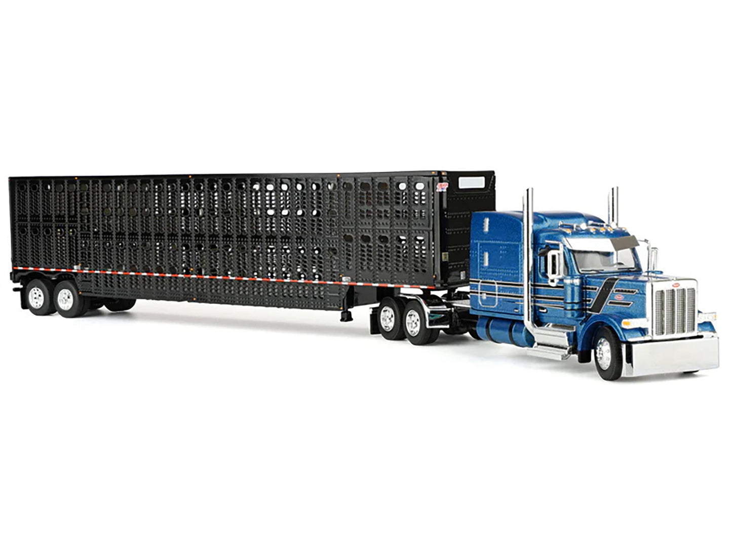 Peterbilt 589 with 72" Mid-Roof Sleeper and Wilson Silverstar Livestock Trailer Bright Blue with Black Stripes and Trailer 1/64 Diecast Model