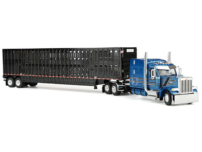 Peterbilt 589 with 72" Mid-Roof Sleeper and Wilson Silverstar Livestock Trailer Bright Blue with Black Stripes and Trailer 1/64 Diecast Model