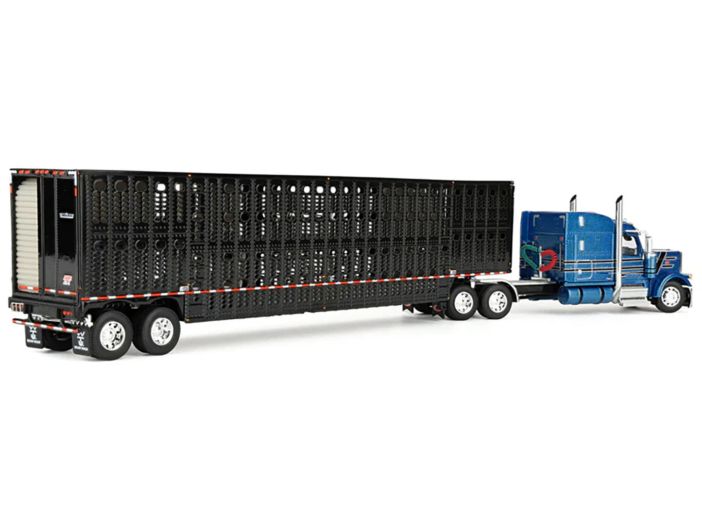 Peterbilt 589 with 72" Mid-Roof Sleeper and Wilson Silverstar Livestock Trailer Bright Blue with Black Stripes and Trailer 1/64 Diecast Model