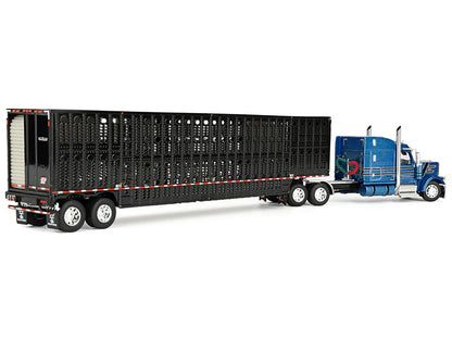 Peterbilt 589 with 72" Mid-Roof Sleeper and Wilson Silverstar Livestock Trailer Bright Blue with Black Stripes and Trailer 1/64 Diecast Model