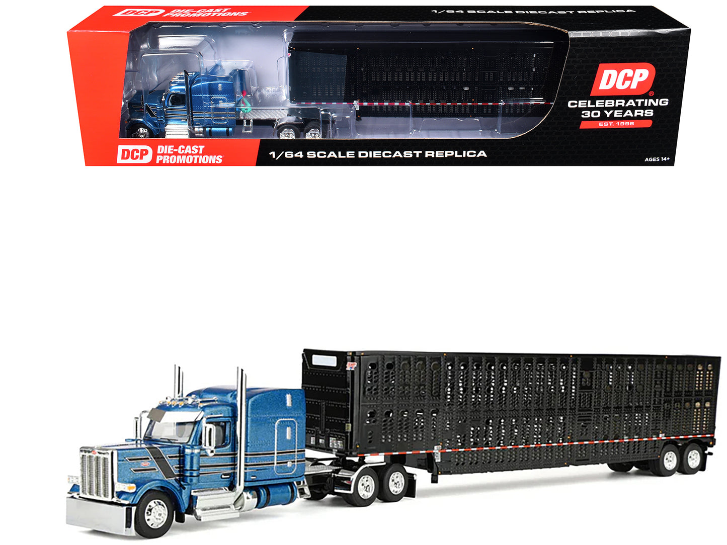 Peterbilt 589 with 72" Mid-Roof Sleeper and Wilson Silverstar Livestock Trailer Bright Blue with Black Stripes and Trailer 1/64 Diecast Model