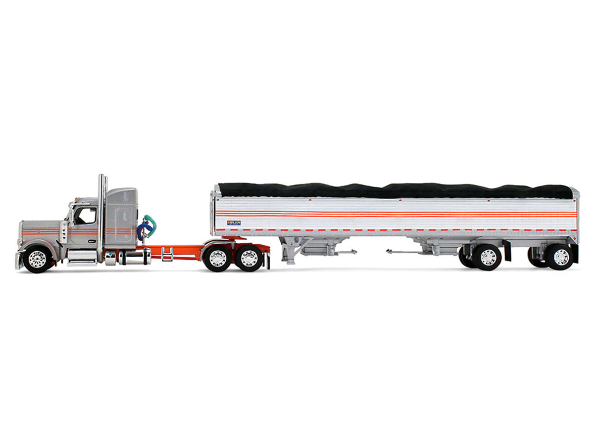 Peterbilt 589 with 58" Mid-Roof Sleeper and 50' Wilson Pacesetter Grain Trailer Silver Metallic with Orange Stripes 1/64 Diecast Model