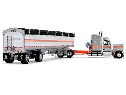 Peterbilt 589 with 58" Mid-Roof Sleeper and 50' Wilson Pacesetter Grain Trailer Silver Metallic with Orange Stripes 1/64 Diecast Model