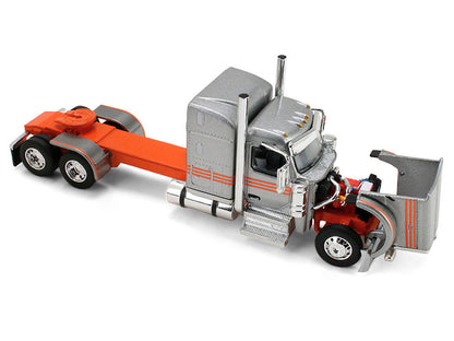 Peterbilt 589 with 58" Mid-Roof Sleeper and 50' Wilson Pacesetter Grain Trailer Silver Metallic with Orange Stripes 1/64 Diecast Model