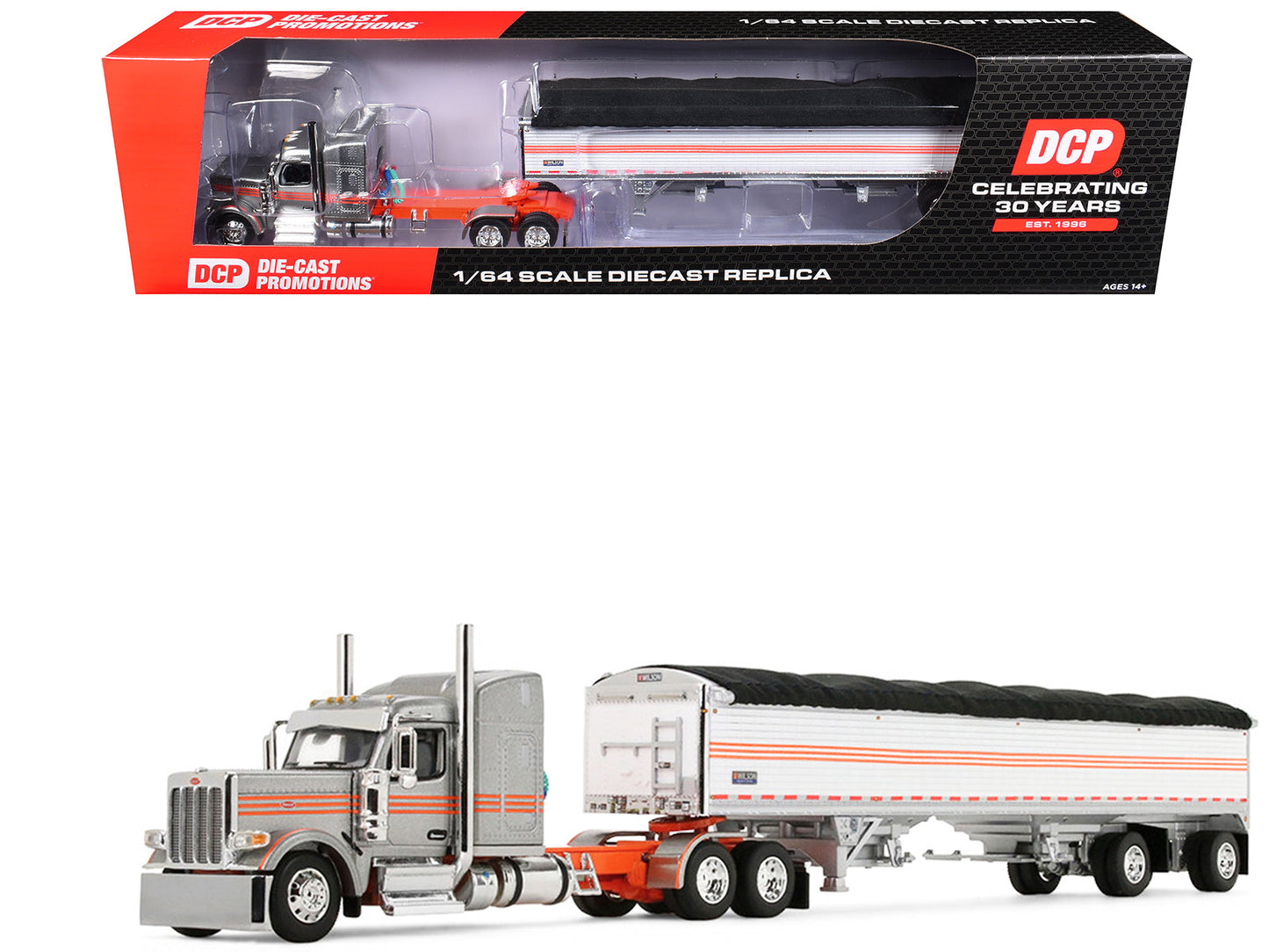 Peterbilt 589 with 58" Mid-Roof Sleeper and 50' Wilson Pacesetter Grain Trailer Silver Metallic with Orange Stripes 1/64 Diecast Model