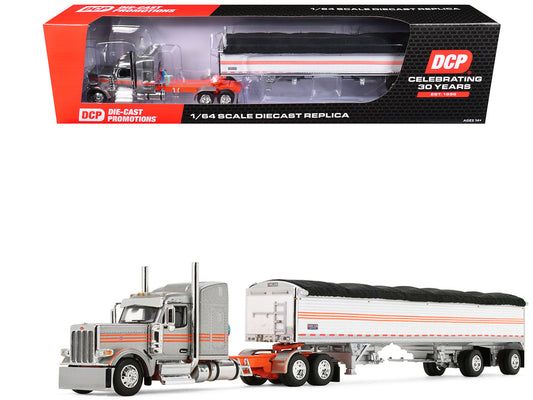 Peterbilt 589 with 58" Mid-Roof Sleeper and 50' Wilson Pacesetter Grain Trailer Silver Metallic with Orange Stripes 1/64 Diecast Model