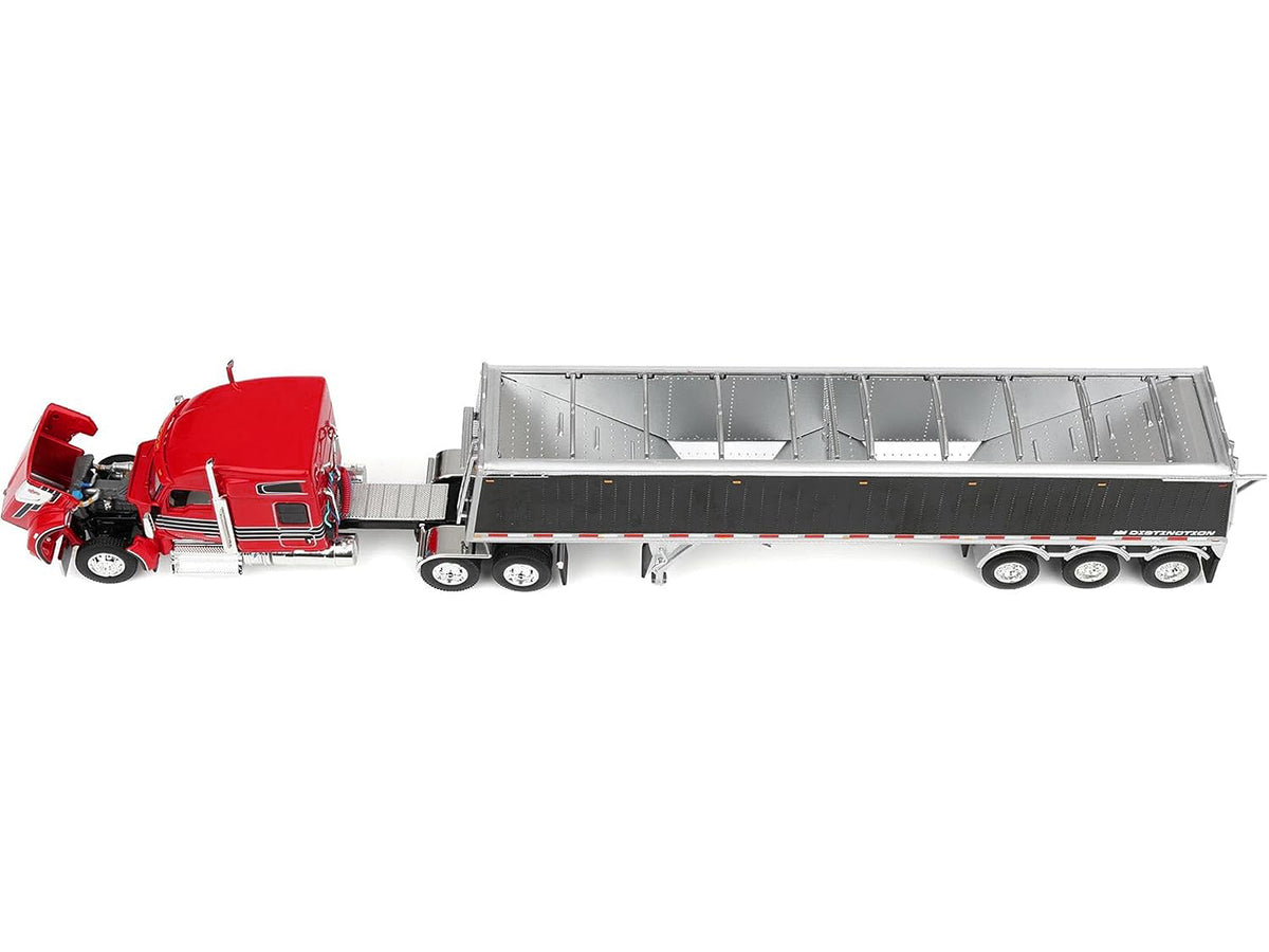 Kenworth W990 with 76" Mid-Roof Sleeper and Lode King Distinction Hopper Trailer Red and Black 1/64 Diecast Model